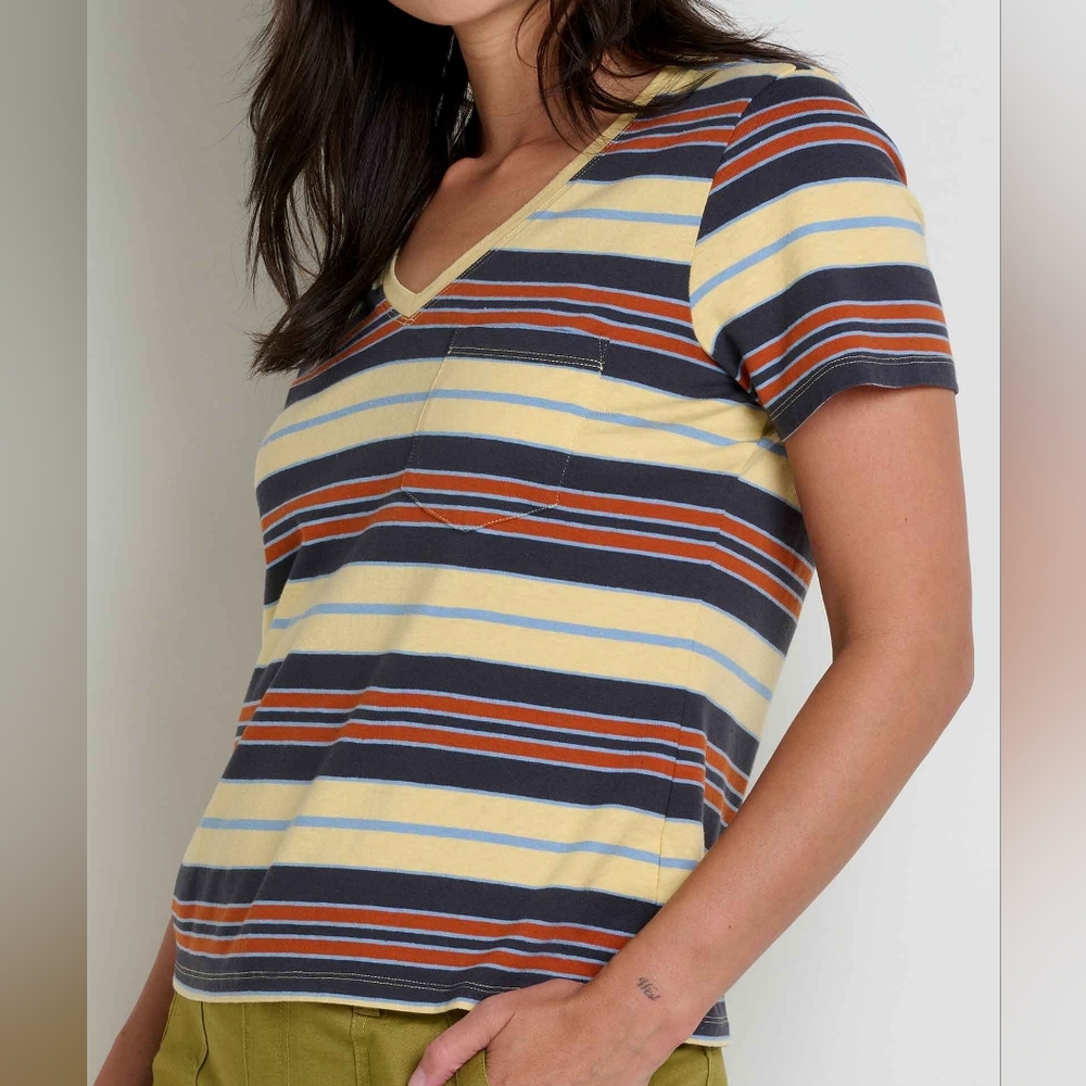 Toad & Co Women's Grom V-Neck Short Sleeve Tee Shirt Size M In Straw Stripe NWT - Picture 3 of 8
